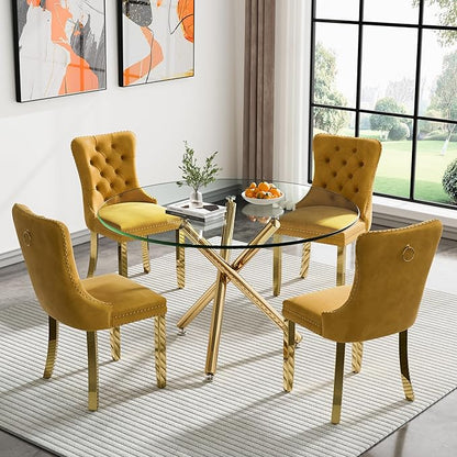 SSLine 43.3" Round Glass Dining Table for 4 Modern Circle Glass Tabletop Kitchen Table for 4 Luxury Dinner Tables with Gold Metal Legs for Home Kitchen Dining Room(Table Only)