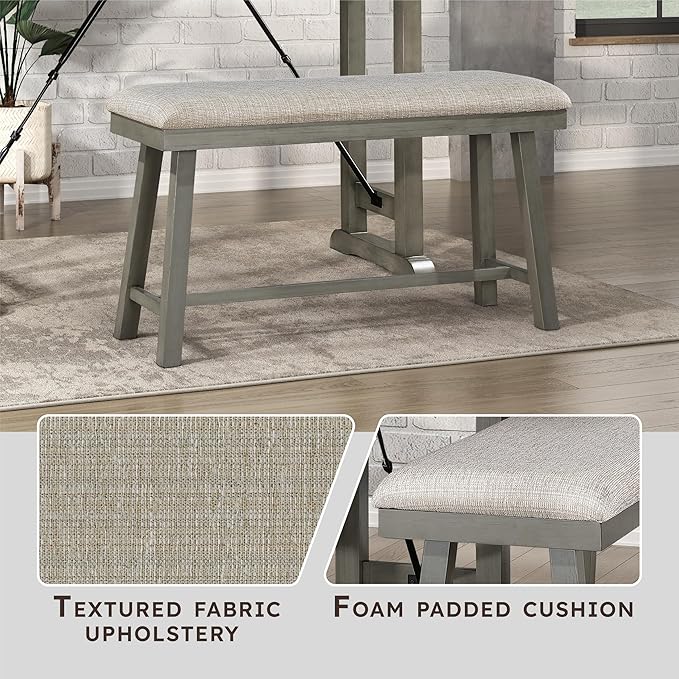 Lexicon Counter Height Bench for Dining Room Table, 41.5" Wood Bench with Grey Padded Seat for Home and Kitchen, Indoor Wooden Bench for Dining Room, Kitchen Bench, Dining Bench, Easy Assembly, Grey