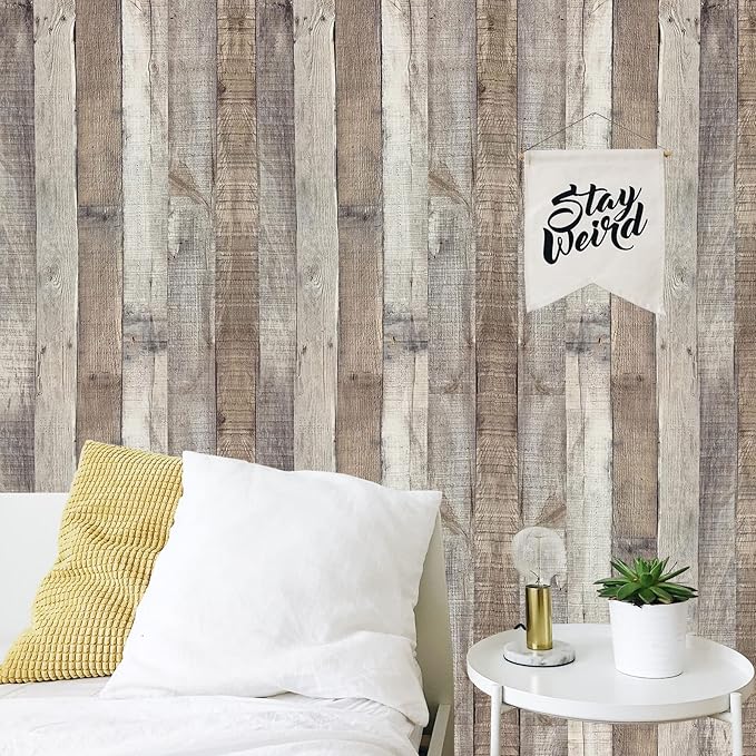 Yun-aeon Natural Wood-Grey Wood Contact Paper Peel and Stick Wallpaper 17.3"x 120"Self Adhesive Removable Vintage Faux Wood Wall Paper Plank Shelf Home Decoration Kitchen Counter Cover Use