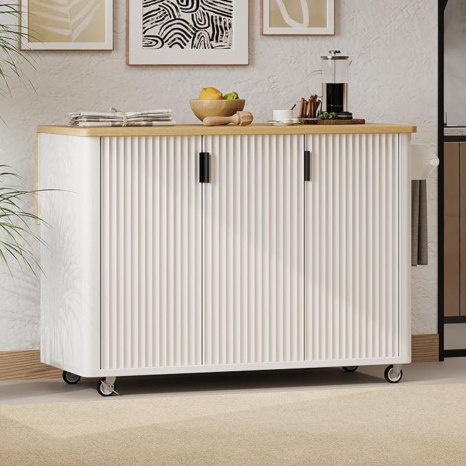 GOWE K&K 51" Fluted Kitchen Island with Drop Leaf, Farmhouse Accent Kitchen Island on Wheels with Internal Storage Rack, Rolling Kitchen Cart with Towel Rack for Kitchen, Dining Room, White Ash