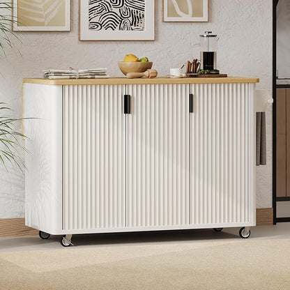 GOWE K&K 51" Fluted Kitchen Island with Drop Leaf, Farmhouse Accent Kitchen Island on Wheels with Internal Storage Rack, Rolling Kitchen Cart with Towel Rack for Kitchen, Dining Room, White Ash