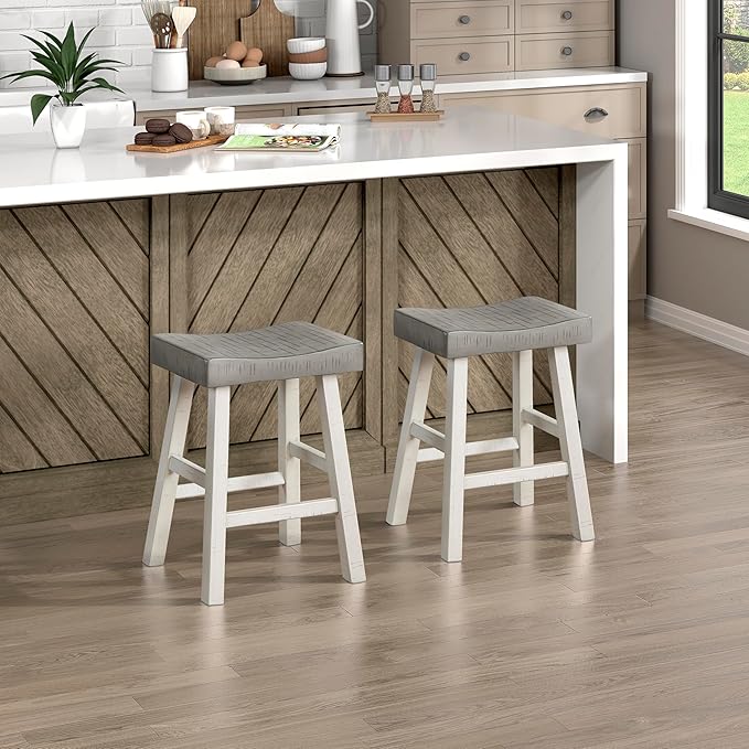 Lexicon Counter Height Stools Set of 2 - Solid Wood Counter Stools with Footrest, Armless Kitchen Chairs for Island, Living Room, Breakfast Nook, Sturdy, Transitional 25" Tall - White/Coffee