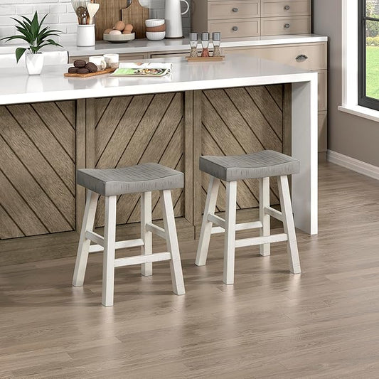 Lexicon Counter Height Stools Set of 2 - Solid Wood Counter Stools with Footrest, Armless Kitchen Chairs for Island, Living Room, Breakfast Nook, Sturdy, Transitional 25" Tall - White/Coffee