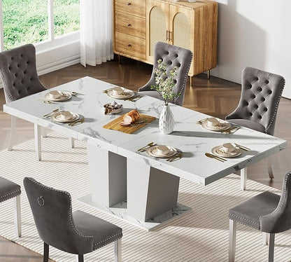 78.74" Extendable Dining Table for 6 8 10 Person, Modern White Faux Marble Expandable Kitchen Table with Dual Column Pedestal, Large Rectangle Wooden Expanding Table for Kitchen Dining Conference Room