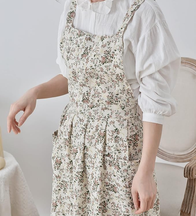 Japanese Cotton Linen Cross Back Apron with Pockets,Fashion Pinafore Dress for Gardening Painting Cleaning Cooking
