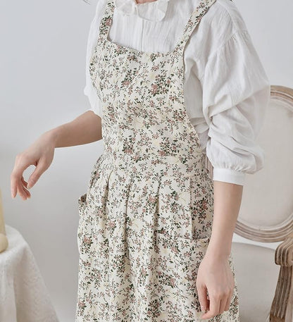 Japanese Cotton Linen Cross Back Apron with Pockets,Fashion Pinafore Dress for Gardening Painting Cleaning Cooking