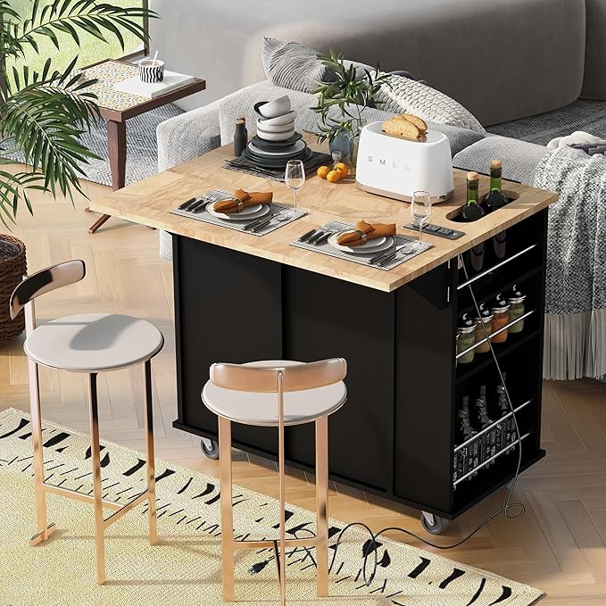 Ball & Cast Kitchen Island with Power Outlet,Kitchen Island with Drop Leaf and Rubber Wood,Open Storage and Wine Rack,5 Wheels,W/Adjustable Storage for Home,Kitchen,Dining Room,Black,40"