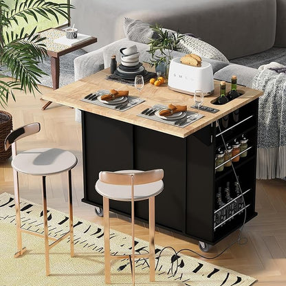 Ball & Cast Kitchen Island with Power Outlet,Kitchen Island with Drop Leaf and Rubber Wood,Open Storage and Wine Rack,5 Wheels,W/Adjustable Storage for Home,Kitchen,Dining Room,Black,40"