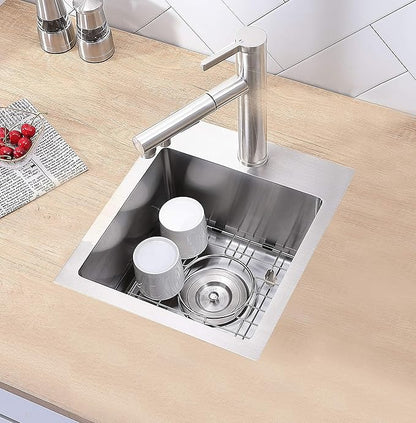 15 x 17 Inch Drop in Bar Sink, Single Bowl Topmount Small Kitchen Sink, 304 Stainless Steel Bar or Prep Sinks, Brushed Nickel