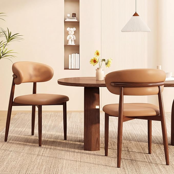 Kitchen Dining Chairs Set of 6 Modern Upholstered Leather Farmhouse Dining Room Chair with Metal Legs, Brown/Walnut