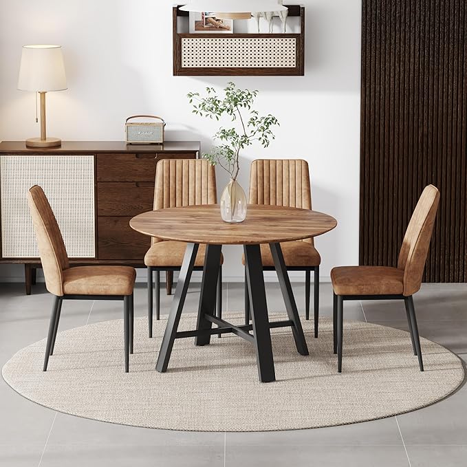 Round Dining Table Set for 4, Round Dining Room Table Set for 4 with Chrome Leg and 4 Chair Dining Table Set, Small Kitchen Island with Seating for Small Spaces(BR)