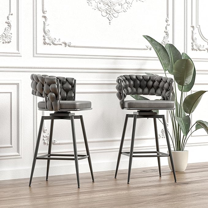 GOWE 28" Technical Leather Woven Bar Stool Set of 2,Black Legs Barstools No Adjustable Kitchen Island Chairs,360 Swivel Bar Stools Upholstered Counter Stool Arm Chairs with Back Footrest (Tan)