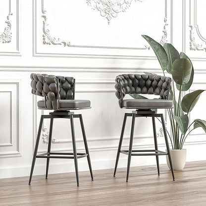 GOWE 28" Technical Leather Woven Bar Stool Set of 2,Black Legs Barstools No Adjustable Kitchen Island Chairs,360 Swivel Bar Stools Upholstered Counter Stool Arm Chairs with Back Footrest (Tan)