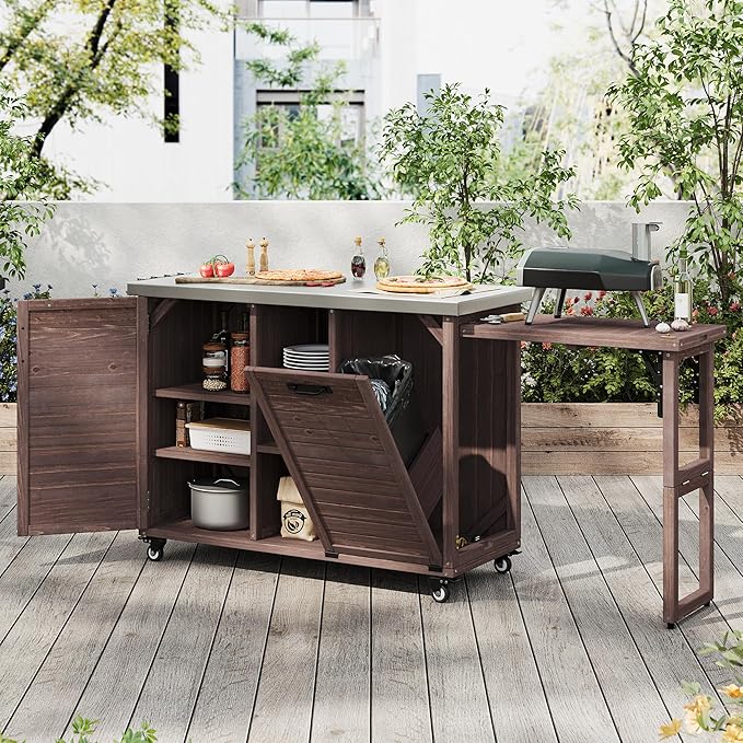 78.3" Outdoor Kitchen Island with Foldable Grill Table & Storage, Wooden Cart with Stainless Steel Top, Trash Can Holder, Bar Cart for Patio Lawn Garden (78.3"+Dark Brown)
