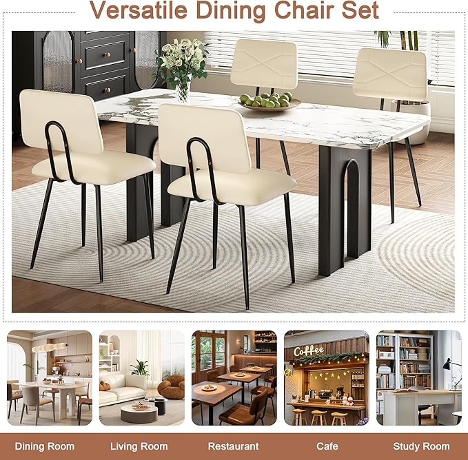 VECELO Dining Chairs Set of 2, Modern Upholstered Kitchen Chairs with Faux Leather Cushion Seat & Metal Legs for Kitchen, Living Room, Tufted Backrest Design, Beige