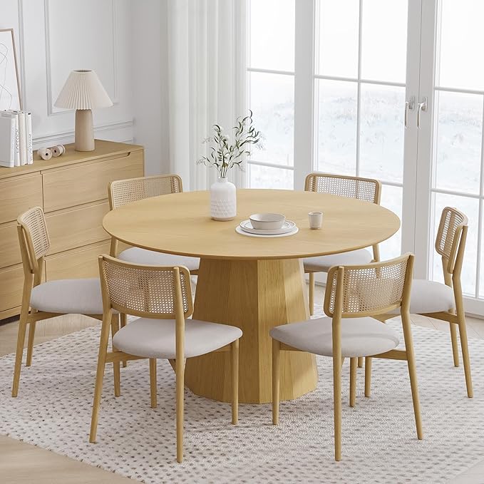 Casaphoria 52" Round Dining Table, Modern Wood Kitchen Table with Cone Shaped Strip Polygonal Base for Living Room & Dining Room, Easy Assembly Farmhouse Furniture for 4-6, Oak