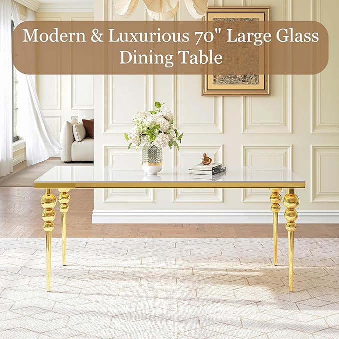 70 Inch Glass Dining Table for 6-8, Luxurious Rectangular Kitchen Table with White Tempered Glass Top, Gold Stainless Steel Legs for Dining Room, Restaurant, Living Room
