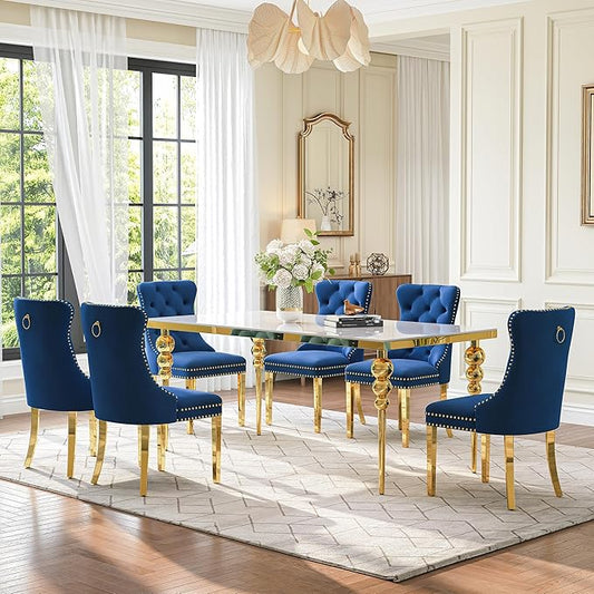 7 Piece Glass Dining Table Set, Modern 70 Inch Gold Rectangular Glass Kitchen Table, 6 Blue Exquisite Velvet Cushion Chairs for Living Room, Restaurant (White-Top)