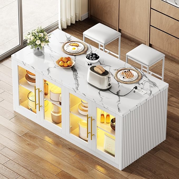 Kitchen Island with Storage, 55" W Large Island Table with LED Light for Dining Room, Kitchen Carts on Wheels Breakfast Bar Table w/Power Outlet, White