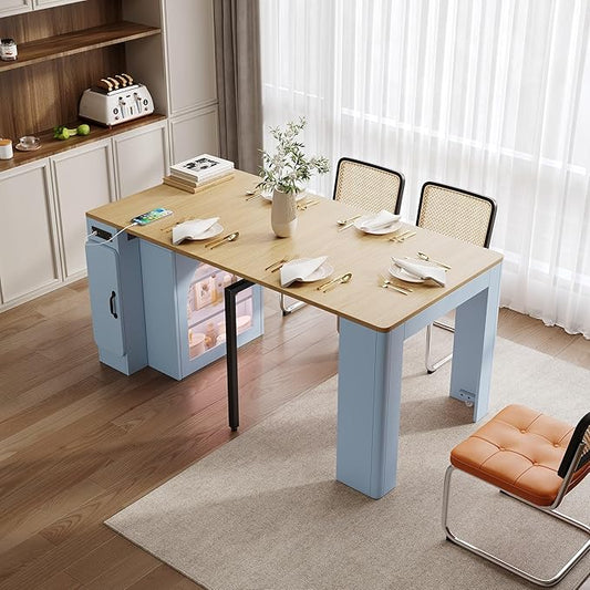 Extendable Dining Table with 3 Removable Middle Leaves Mobile Rolling Island Table with Power Outlet Storage Cabinet Practical(Blue)
