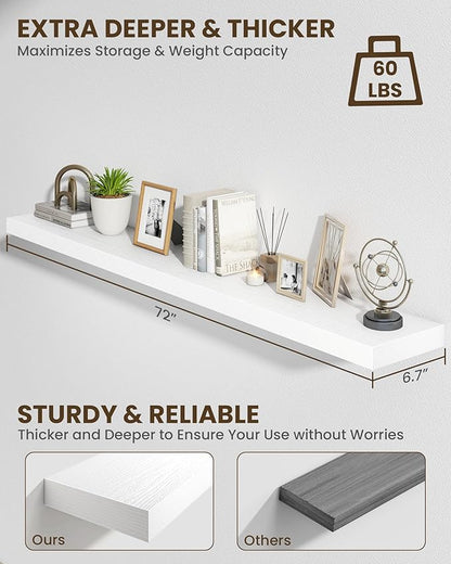 Marsmiles 72" Floating Shelves for Wall, Wooden Shelves with Invisible Brackets Set of 2, Rustic Farmhouse Wall Mounted Shelf for Kitchen Bathroom Living Room Study, White