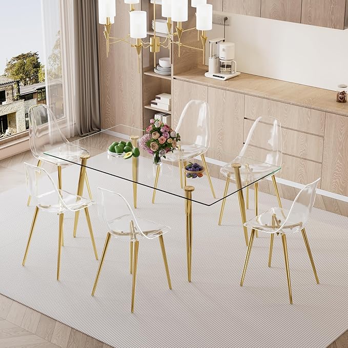 Baysitone Glass Dining Table for 4 with 63 inch Clear Rectangular Glass Top, 0.31" Modern Tempered Glass Kitchen Table Furniture with 4 Gold Plating Metal Legs for Home Dining Room