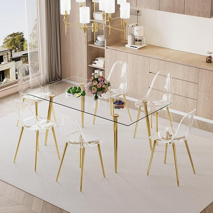 Baysitone Glass Dining Table for 4 with 63 inch Clear Rectangular Glass Top, 0.31" Modern Tempered Glass Kitchen Table Furniture with 4 Gold Plating Metal Legs for Home Dining Room