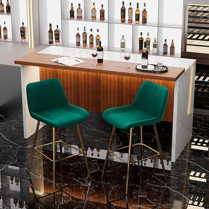Modern Bar Table and Bar Stools Set, Marble-Look Counter Table with Wood Accent Top & Green Velvet Bar Chairs Set of 2 with Gold Legs, Kitchen Island Pub Table Set for Home Bar, Dining Room