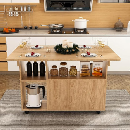 47" Folding Dining Table with Storage Shelves & Multi-Functional Rolling Kitchen Island on Wheels, Compact Desk for Small Spaces, Kitchen, Dining Room, Work, Ancient Oak