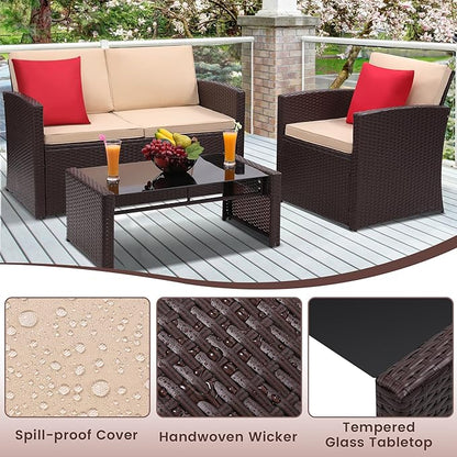 KROFEM 4-Piece Patio Furniture Set, Wicker Outdoor Rattan Sectional Sofa with Cushions and Glass Table, All-Weather Outdoor Conversation Set, Ideal for Garden, Porch, Backyard, Beige
