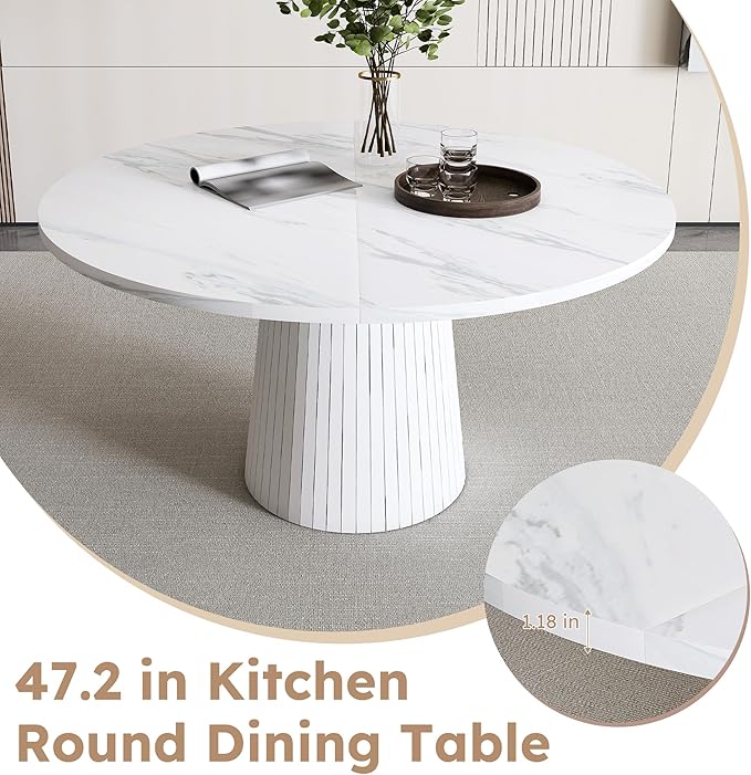 47" Marble Veneer Dining Table, Kitchen Table with Wood Strip Base, Dinner Tables with Stable Structure for Kitchen & Living Room, White