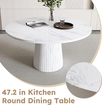 47" Marble Veneer Dining Table, Kitchen Table with Wood Strip Base, Dinner Tables with Stable Structure for Kitchen & Living Room, White