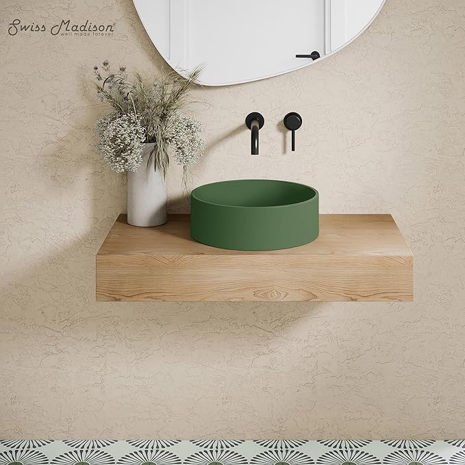 Swiss Madison Lisse 14.5" Concrete Round Vessel Sink in Matte Royal Green