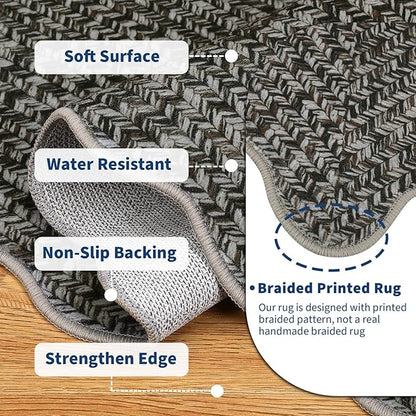 Imitation Braided Collection-Print Washable Rugs 10x13 Area Rug for Living Room Scalloped Bedroom Rug Soft Large Area Rug Non Slip Throw Rugs Stain Resistant Carpet for Nursery Dining Room