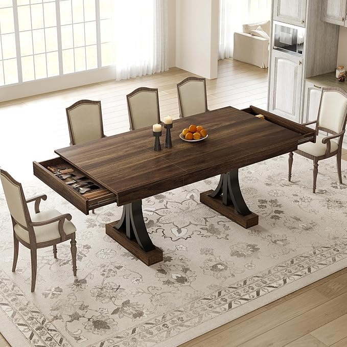Garvee 71-Inch Wooden Kitchen Table with Two Drawers, Large Dining Table for 6-8 w/Large Tabletop & Sturdy Frame, Rectangular Dining Table with Double Pedestal, for Kitchen, Dinner