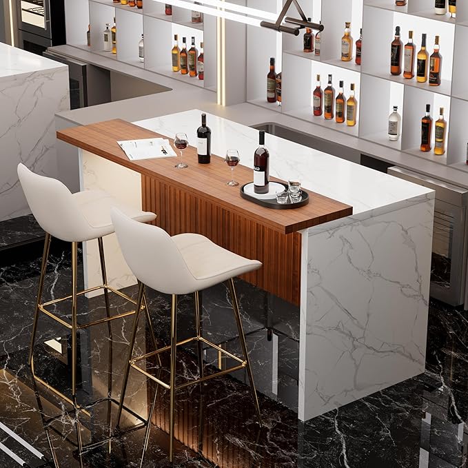 Modern Bar Table and Bar Stools Set, Marble-Look Counter Table with Wood Accent Top & Beige Velvet Bar Chairs Set of 2 with Gold Legs, Kitchen Island Pub Table Set for Home Bar, Dining Room