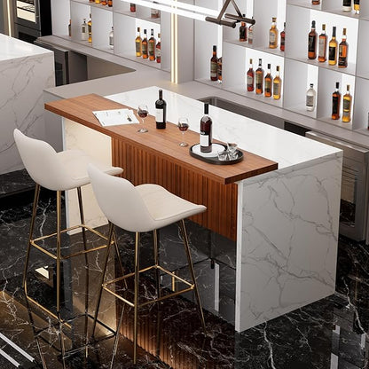 Modern Bar Table and Bar Stools Set, Marble-Look Counter Table with Wood Accent Top & Beige Velvet Bar Chairs Set of 2 with Gold Legs, Kitchen Island Pub Table Set for Home Bar, Dining Room