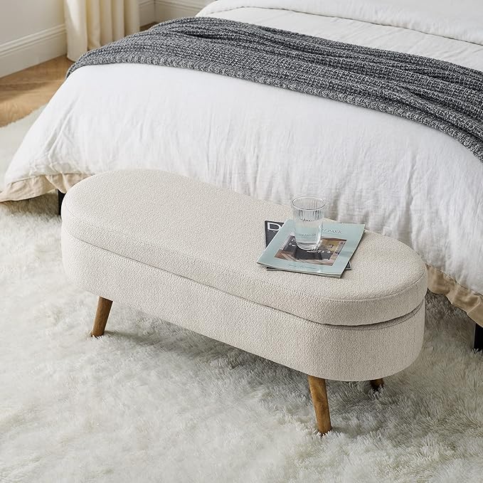 Modern Ottoman Bench with Storage - Versatile Bedside Pouf, Footstool, Toy Storage Ottoman for Bedroom, Living Room, Hallway Entryway, Multi-Use Furniture,Beige-Linen