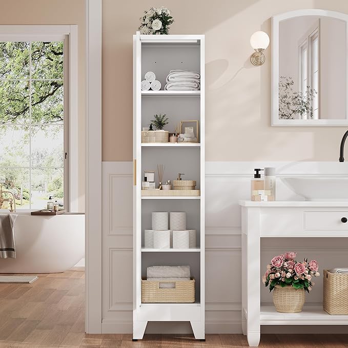 67“H Narrow Pantry Cabinet,Tall Skinny Pantry Storage Cabinet with Adjustable Shelves,Metal Narrow Kitchen Storage Cabinet,Slim and Thin Pantry Cabinets for Living Room Dining Room, White