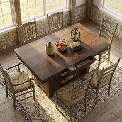 Garvee Counter Height Dining Table with 2 Drawers, 36" Farmhouse Wooden Large Bar Kitchen Table with Wine Rack & 3 Shelves, Rectangular, Thick Frame for Kitchen, Bar & Entertaining, Retro Brown