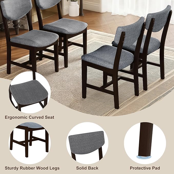 VilroCaz Rustic 5-Piece Dining Set, Solid Wood Rectangle Table with 4 Upholstered Chairs, Farmhouse-Style Dining Furniture for Kitchen & Dining Room, Minimalist Dining Set for 4 (Espresso-1.21)