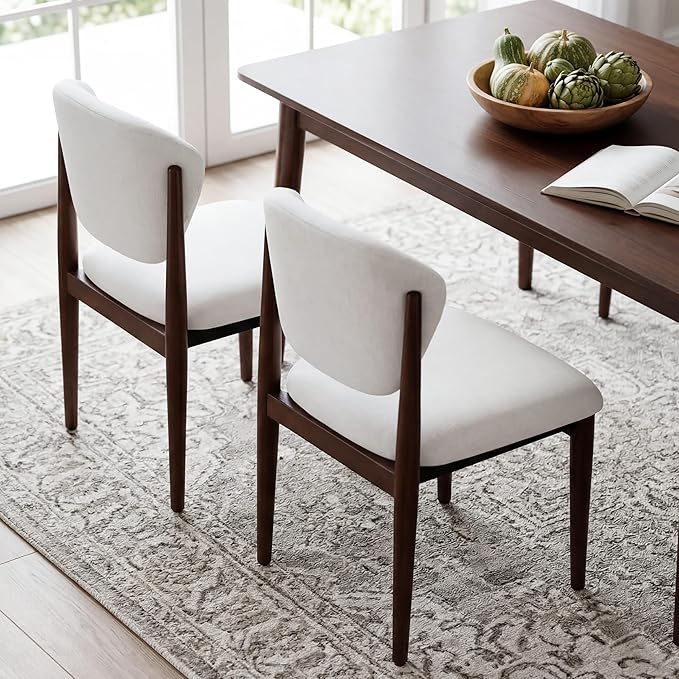 Casaphoria Dining Chairs Set of 2, Solid Walnut Wood Legs Upholstered Kitchen Chairs, Mid Century Modern Ergonomic Curved Back Accent Chair for Dining Room, Home Office and Vanity, White