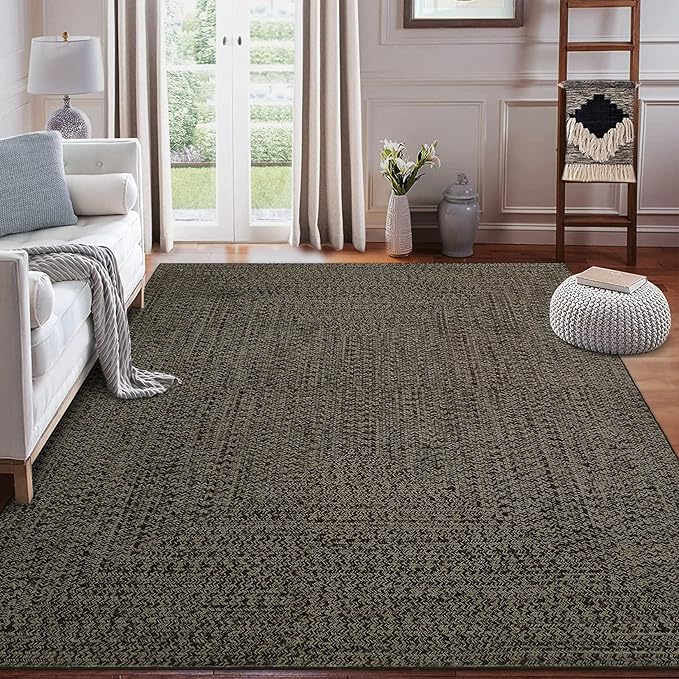 Washable Area Rugs 5x7 Rug for Living Room Braided Print Non Slip Modern Soft Bedroom Rug Farmhouse Throw Rugs Contemporary Stain Resistant Carpet for Dining Room 5'x7' Black/Brown