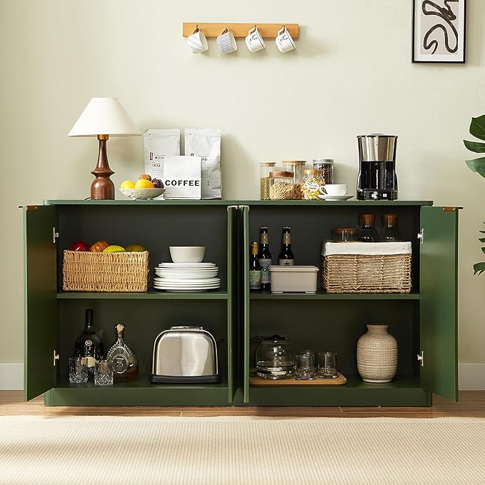 Ball & Cast 59" Modern Fluted Sideboard Buffet Cabinet with Storage,Curved Design Kitchen Coffee Bar Cabinet with 4 Doors & Shelves,Wood Credenza Cabinets Media Console for Living Room,Green