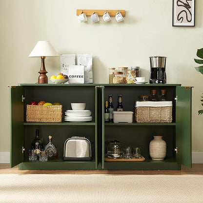 Ball & Cast 59" Modern Fluted Sideboard Buffet Cabinet with Storage,Curved Design Kitchen Coffee Bar Cabinet with 4 Doors & Shelves,Wood Credenza Cabinets Media Console for Living Room,Green