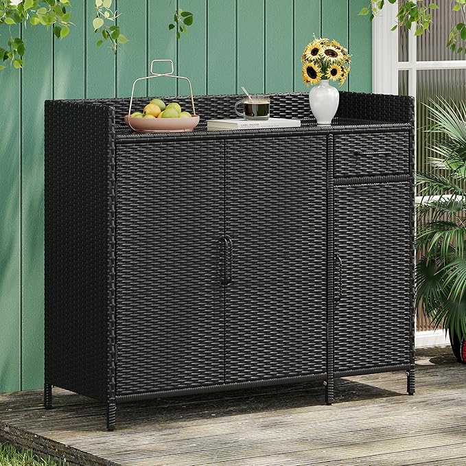 47.5 Inch Outdoor Storage Cabinet Wicker Buffet Table Patio Sideboard Tempered Glass Top Adjustable Shelves 3 Door Rattan Kitchen Island Drawer Dining Serving Console Metal Frame Black Brown