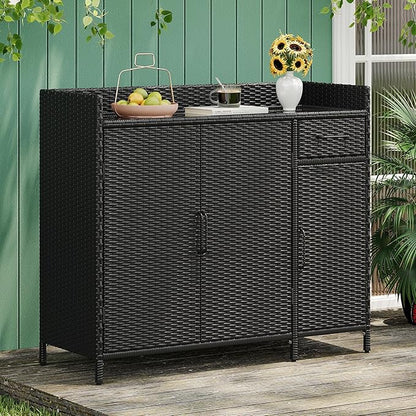 47.5 Inch Outdoor Storage Cabinet Wicker Buffet Table Patio Sideboard Tempered Glass Top Adjustable Shelves 3 Door Rattan Kitchen Island Drawer Dining Serving Console Metal Frame Black Brown
