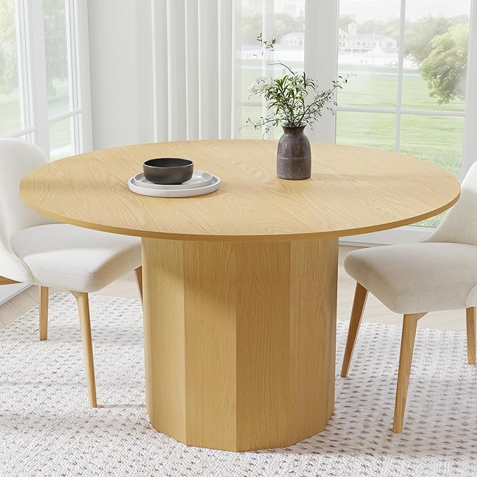Casaphoria 52" Round Dining Table, Modern Wood Kitchen Table with Cylinder Polygonal Base for Living Room & Dining Room, Easy Assembly Farmhouse Furniture for 4-6, Oak