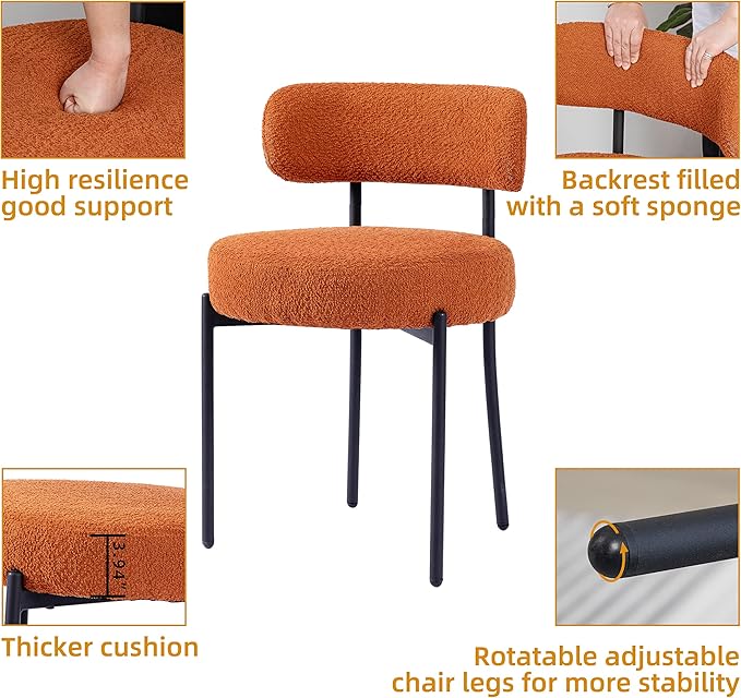 DYHOME Mid-Century Modern Dining Chairs Set of 2, Boucle Dining Chairs Upholstered with Black Metal Legs, Curved Backrest Kitchen Dining Room Chairs, Orange