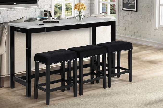 New Classic Furniture Celeste Faux Marble Theater Bar Table with 3 Bar Stool Set, Black Velvet with Black Base